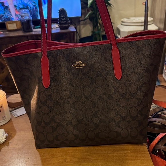 Coach Signature Brown Tote with Red Accents - Picture 1 of 4